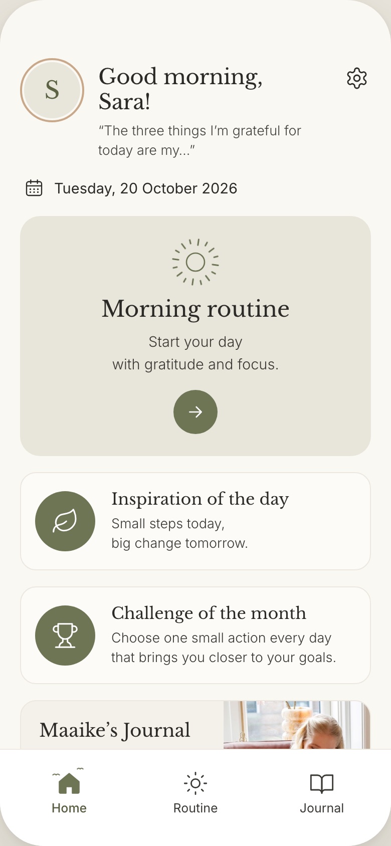 Happy Hacks, the home screen: the morning routine, the inspiration of the day and the challenge of the month.