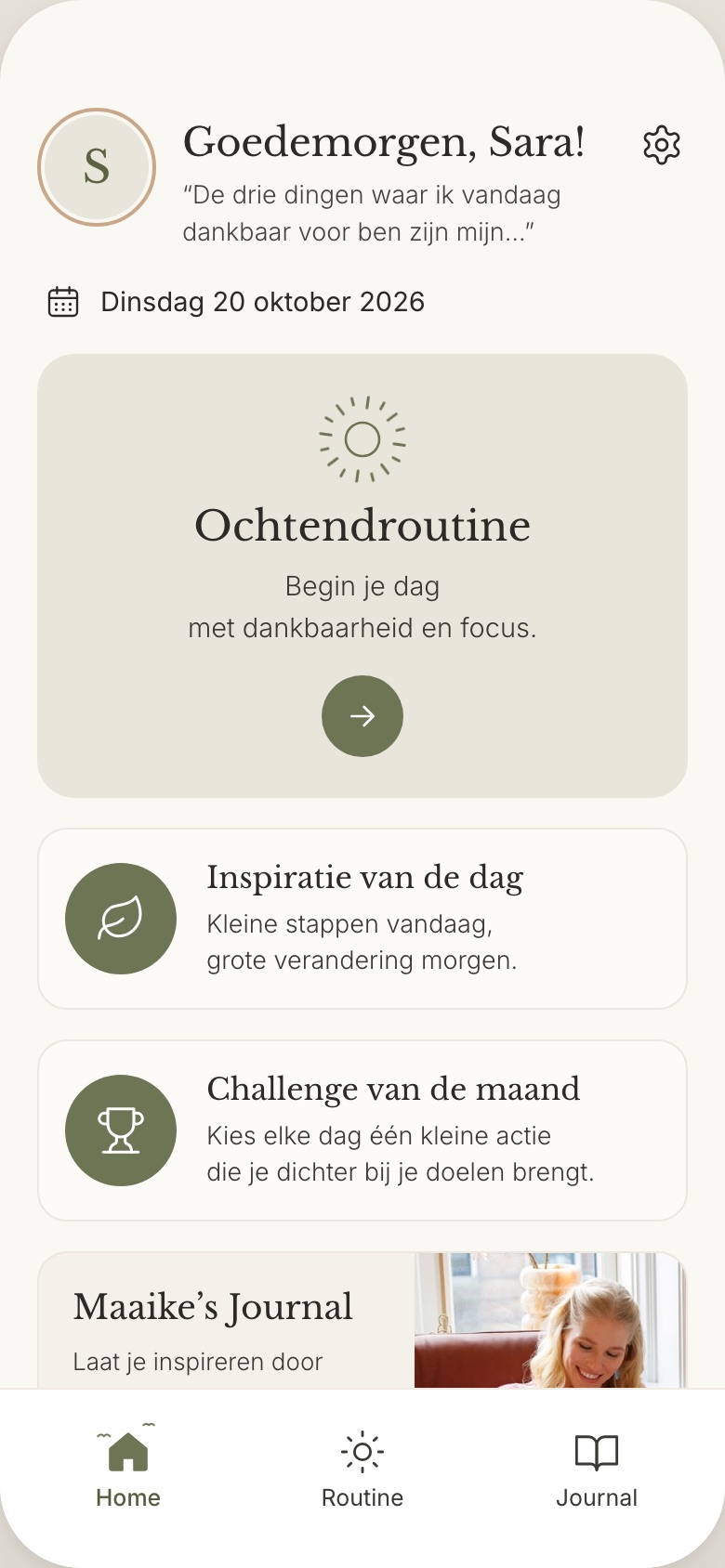 Happy Hacks, het beginscherm: de ochtendroutine, de inspiratie van de dag en de challenge van de maand.