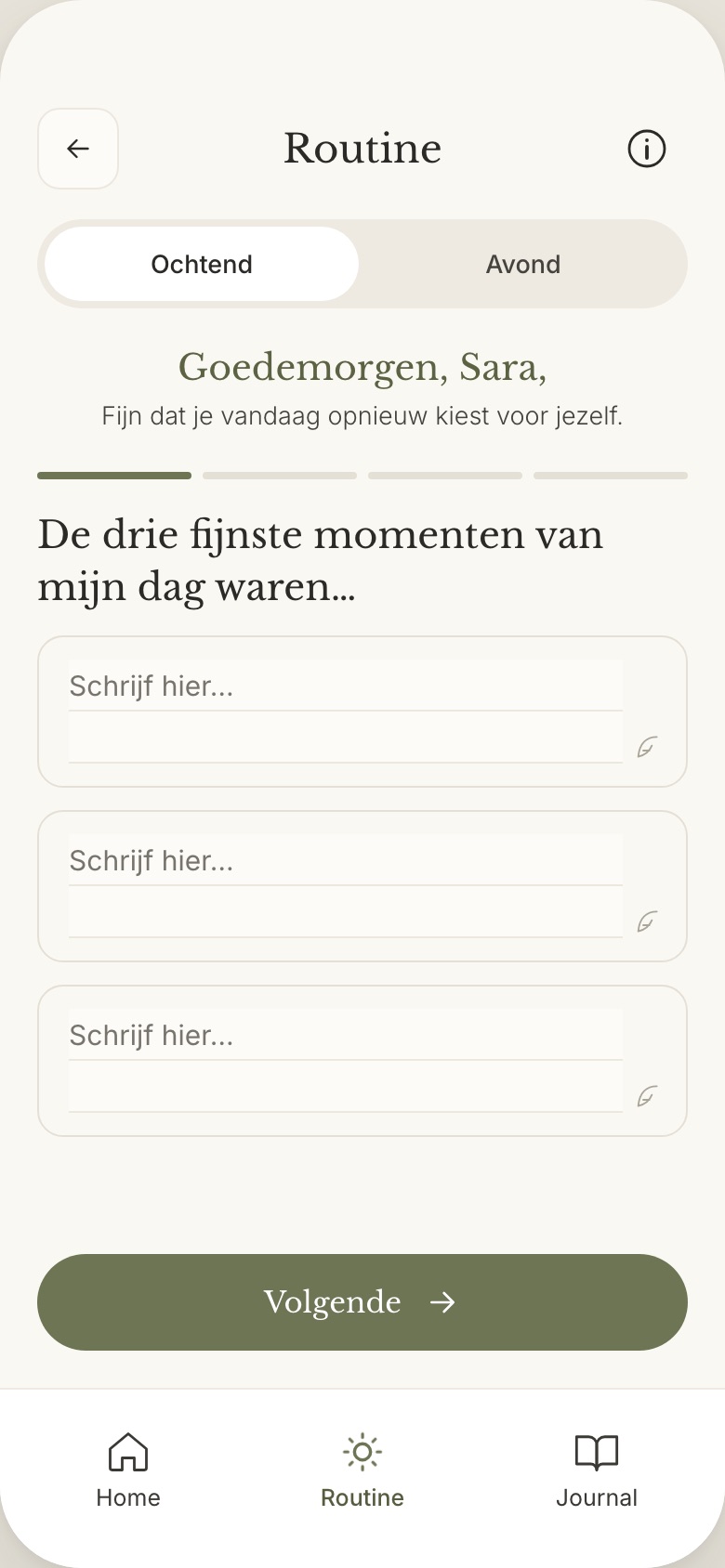 Happy Hacks, de routine: de eerste vraag, De drie fijnste momenten van mijn dag waren…, met drie invulvelden.